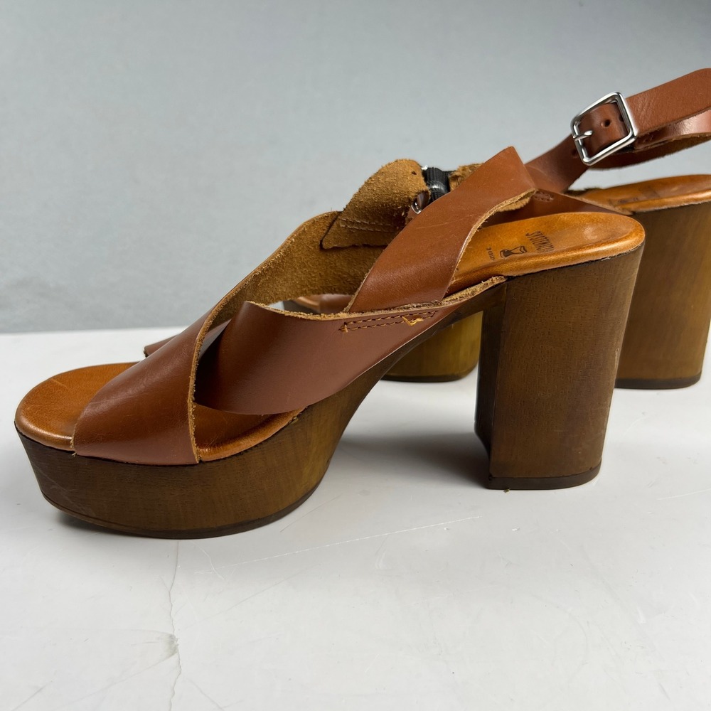 Brown Leather Wood Block Heel Boho Retro Platform Sandals Made in Italy Size 7 - Picture 11 of 16